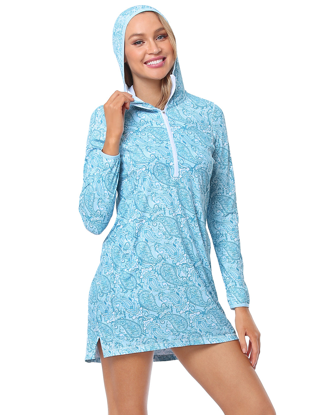 Teal Paisley Beach Coverup Long Sleeve Swim Dress with Hood