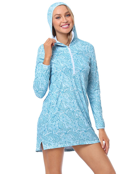 Teal Paisley Beach Coverup Long Sleeve Swim Dress with Hood