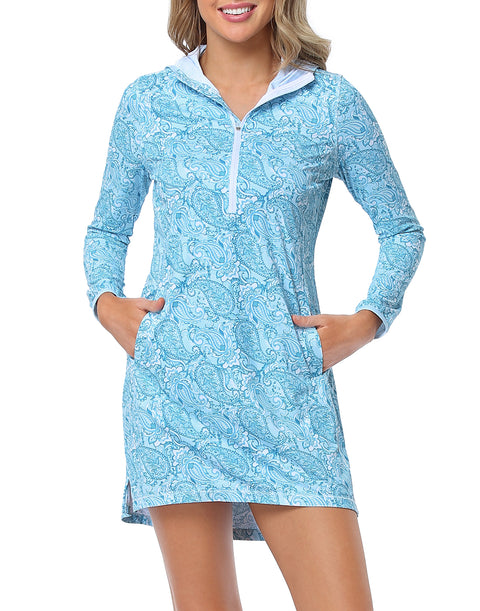 Teal Paisley Beach Coverup Long Sleeve Swim Dress with Hood