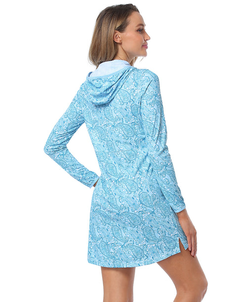 Teal Paisley Beach Coverup Long Sleeve Swim Dress with Hood