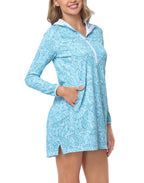 Teal Paisley Beach Coverup Long Sleeve Swim Dress with Hood