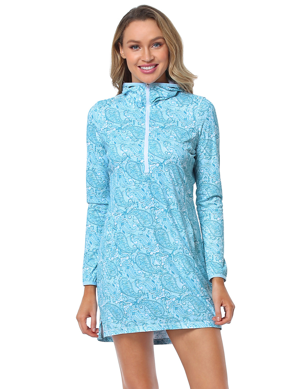Teal Paisley Beach Coverup Long Sleeve Swim Dress with Hood