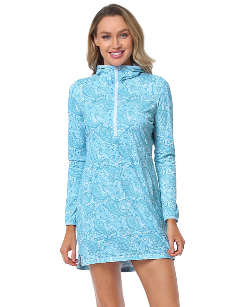 Teal Paisley Beach Coverup Long Sleeve Swim Dress with Hood