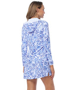 Indigo Floral Beach Coverup Long Sleeve Swim Dress with Hood