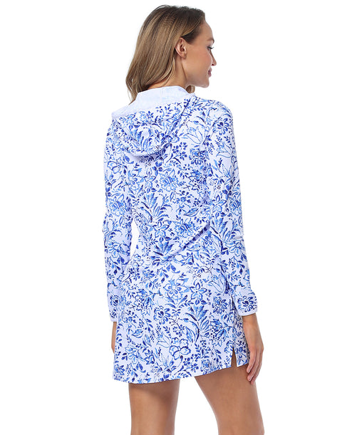 Indigo Floral Beach Coverup Long Sleeve Swim Dress with Hood