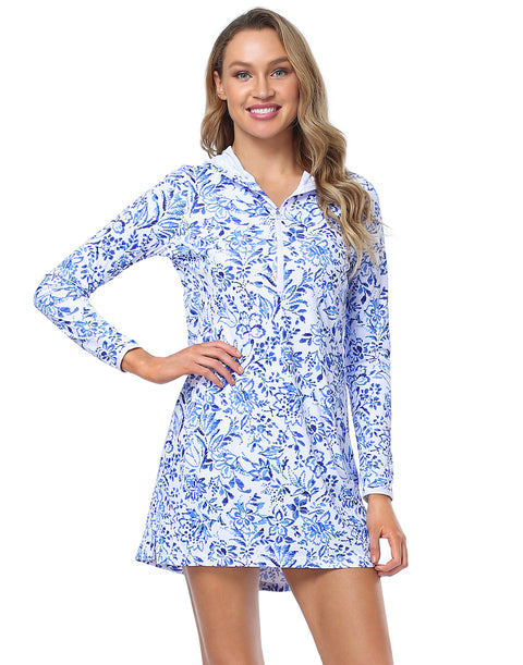 Indigo Floral Beach Coverup Long Sleeve Swim Dress with Hood