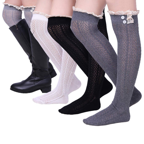 Extra Long Boot Socks Over the Knee High Lace Trim Stockings (4 Pairs)