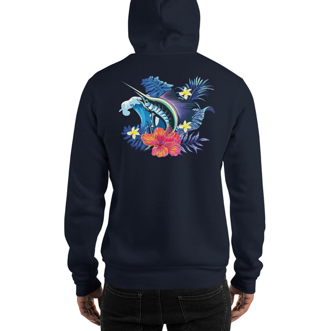 Tropical Marlin Hoodie Graphic Pullover in Navy